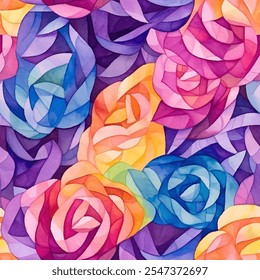 Watercolor seamless pattern of vibrant, abstract roses of stained glass. Intricate details and bold colors majestic and beautiful vector design composition. Play of light and shadow on the petals