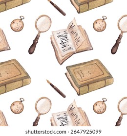 Watercolor Seamless Pattern of Vintage Books, Magnifying Glass, Pocket Watch, and Pen – Academic Study Theme