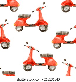 watercolor seamless pattern with vintage scooter 