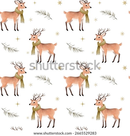 Watercolor seamless pattern with warm clothed deer. Christmas winter backgrounds. Cute hand drawn animals pattern.