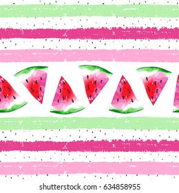 Watercolor seamless pattern with watermelon on striped background. Vector illustration