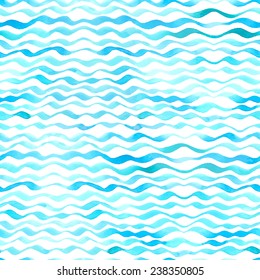 Watercolor seamless pattern of waves. Blue watercolour waves on white background.