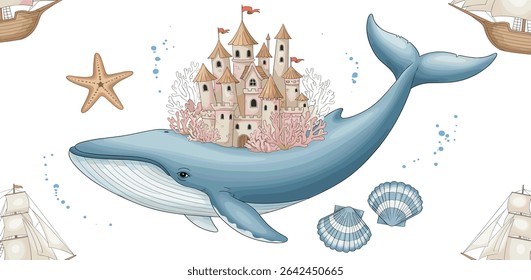 Watercolor seamless Pattern with Whale and Boat for childish wallpaper or kids textile design. Nautical Background with underwater animal for kids linen in pastel colors. Ornament in fairytale style.