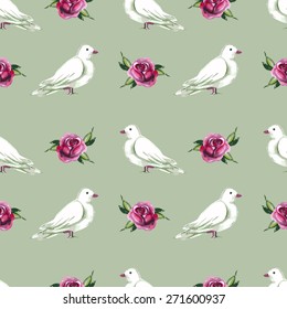 Watercolor seamless pattern with white doves and roses. Vector illustration