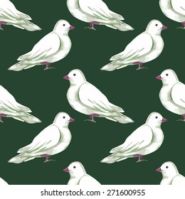 Watercolor Seamless pattern with white doves. Vector illustration.