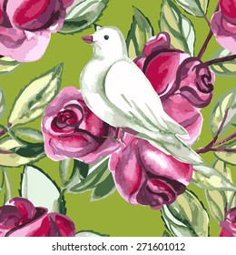 Watercolor seamless pattern with white doves and roses. Vector illustration