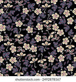 Watercolor seamless pattern with white flowers and brown leaves on a dark turquoise background.