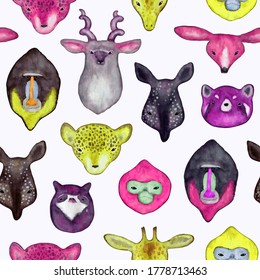 Watercolor seamless pattern with wild animals heads. Cute handrawn animals, perfect for kids apparel and textile. Vector illustration for t-shirt, fabric, wrapping and wallpaper design.