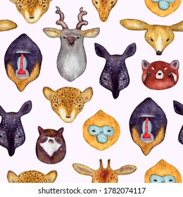 Watercolor seamless pattern with wild animals heads. Cute handrawn animals, perfect for kids apparel and textile. Vector illustration for t-shirt, fabric, wrapping and wallpaper design.