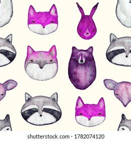 Watercolor seamless pattern with wild animals heads. Cute handrawn animals, perfect for kids apparel and textile. Vector illustration for t-shirt, fabric, wrapping and wallpaper design.