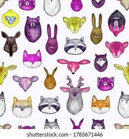 Watercolor seamless pattern with wild animals heads. Cute handrawn animals, perfect for kids apparel and textile. Vector illustration for t-shirt, fabric, wrapping and wallpaper design.
