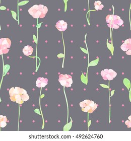 Watercolor seamless pattern, wreath frame with roses, branches, leaves and petals, isolated on grey background. Flat lay, overhead view design. Hand drawn vector illustration, vintage retro style.