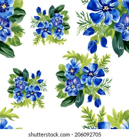 Watercolor seamless periwinkle flowers pattern on white background, vector 