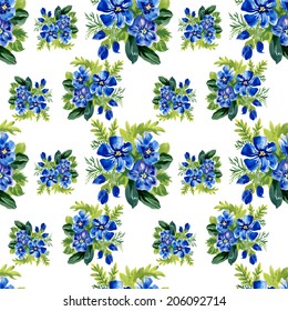 Watercolor seamless periwinkle flowers pattern on white background, vector 