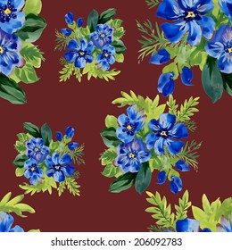 Watercolor seamless periwinkle flowers pattern on brown background, vector 