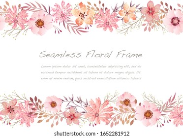 Watercolor Seamless Pink Floral Frame Isolated On A White Background. Vector Illustration. Horizontally Repeatable.