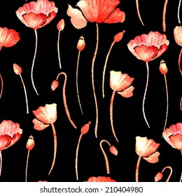 Watercolor seamless with poppies. Watercolor background. Handmade. Seamless pattern for fabric, paper and other printing and web projects.