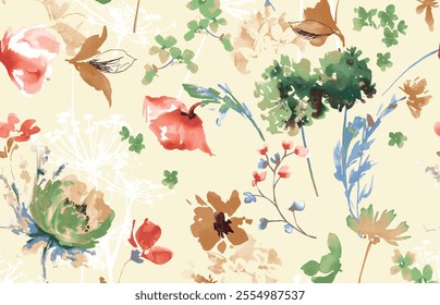 Watercolor seamless reepat design with flowers and leaves hand drawn vector illustartion 