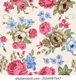 Watercolor seamless reepat design with flowers and leaves hand drawn vector illustartion 