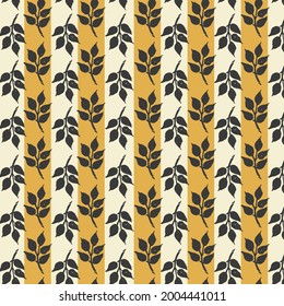 A watercolor seamless repeat pattern, designed with leaves on refreshing striped, yellow and beige background. Vector illustration perfect for wallpaper, summer dress fabric, backgrounds ang more.