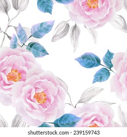 Watercolor seamless roses pattern. Background for web pages, wedding invitations, save the date cards.