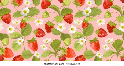 Watercolor Seamless Strawberry pattern with flowers, wild berries, leaves. Vector background texture illustration for summer cover, botanical wallpaper, vintage party backdrop, wedding invitation