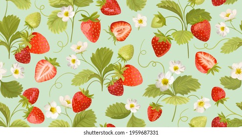 Watercolor Seamless Strawberry pattern with flowers, wild berries, leaves. Vector background texture illustration for summer cover, botanical wallpaper, vintage party backdrop, wedding invitation