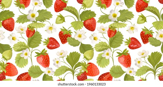 Watercolor Seamless Strawberry pattern with flowers, wild berries, leaves. Vector background texture illustration for summer cover, botanical wallpaper, vintage party backdrop, wedding invitation