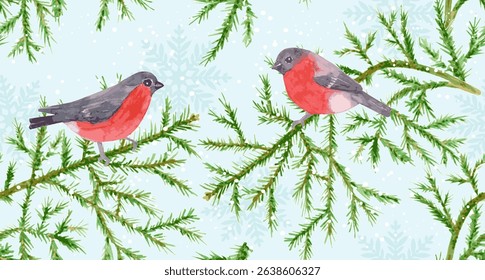 watercolor seamless texture with couple of bullfinches perching on branches of fir tree against blue snowing sky