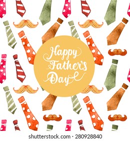 Watercolor seamless with tie and mustaches, color pattern Happy Father's Day ,Mustache Pattern Mustaches Texture.