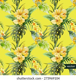watercolor seamless tropical pattern with flowers and palm leaves, bright background