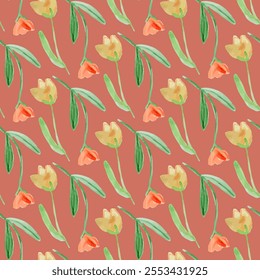 Watercolor Seamless Tulip Floral Pattern with Green Leaves. 8 march mother's day 