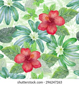 Watercolor seamless vector background with hibiskus flowers and leaves and exotic leaves on white backfrop