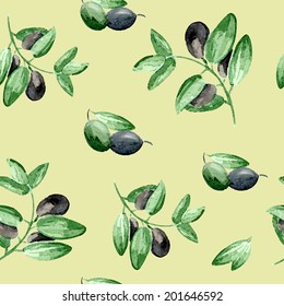 Watercolor seamless vector background with olives. Can be used for wallpaper, background, surface textures, pattern fills, pack, web page.