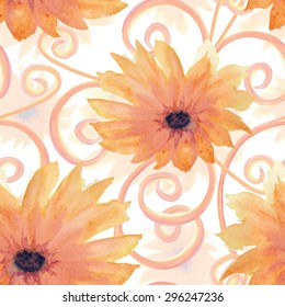 Watercolor seamless vector background with yellow sunflowers flowers and yellow leaves on white background