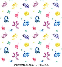 Watercolor seamless vector cute pattern (multicolored). Plants, cakes, hearts, bunnies and berries pattern. Happy Birthday vintage wrapping paper.