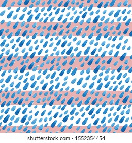 Watercolor seamless vector pattern. Blue strokes of paint isolated on white background with pink stripes. Watercolor stains, splash, rain, water, drops. Tie dye Ornament. Hand drawn Cozy illustration