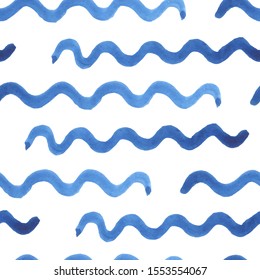 Watercolor seamless vector pattern. Blue strokes of paint wave isolated on white background. Stains, splash, water, ocean, sea, line, river. Tie dye Ornament. Hand drawn Cozy vector stock illustration
