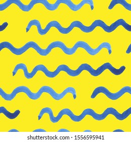 Watercolor seamless vector pattern. Blue strokes of paint wave isolated on yellow background. Stains, splash, water, ocean, sea, line, river. Tie dye Ornament. Handdrawn Cozy vector stock illustration