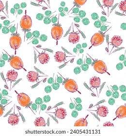 Watercolor Seamless vector pattern design. Cutu flowers colorful style, retro, rustic scarf design. 