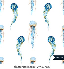 Watercolor Seamless Vector Pattern Jellyfish, Marine Life