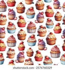 Watercolor seamless vector pattern with lovely sweet cupcakes on white background