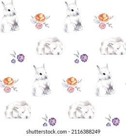 Patrón vectorial transparente de acuarela con conejos y flores