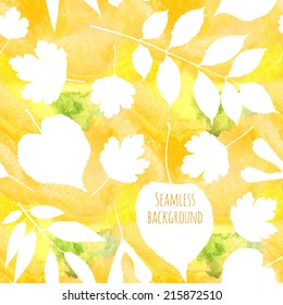 Watercolor seamless vector pattern. White silhouettes of different leaves on bright watercolor autumn background. 