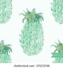 Watercolor seamless vector pineapple pattern. Tropical fruit background.