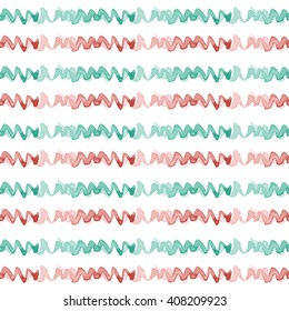 Watercolor Seamless Zig Zag Pattern on White Background. Turquoise and Red Horizontal Stripes. Vector Illustration. 