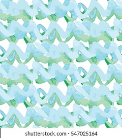 Watercolor Seamless Zig Zag Pattern on White Background. Green and Blue Horizontal Stripes. Vector Hand Drawn Illustration.
