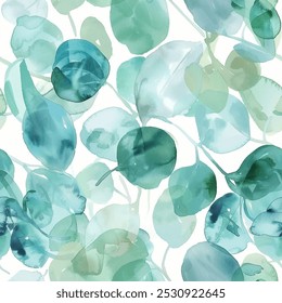  Watercolor Seamlpattern com folhas sobrepostas em vários tons de verde e azul. A qualidade translúcida das folhas acrescenta uma estética calma, natural, perfeita para aplicações de decoração em casa