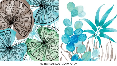 Watercolor Seamlpattern with overlapping leaves in various shades of green and blue. The translucent quality of the leaves adds a calming, natural aesthetic, perfect for home decor applications
