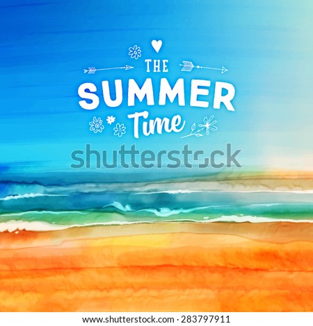 Watercolor Seascape for Summer Holidays Design. Aquarelle Beach with Sand and Ocean.
